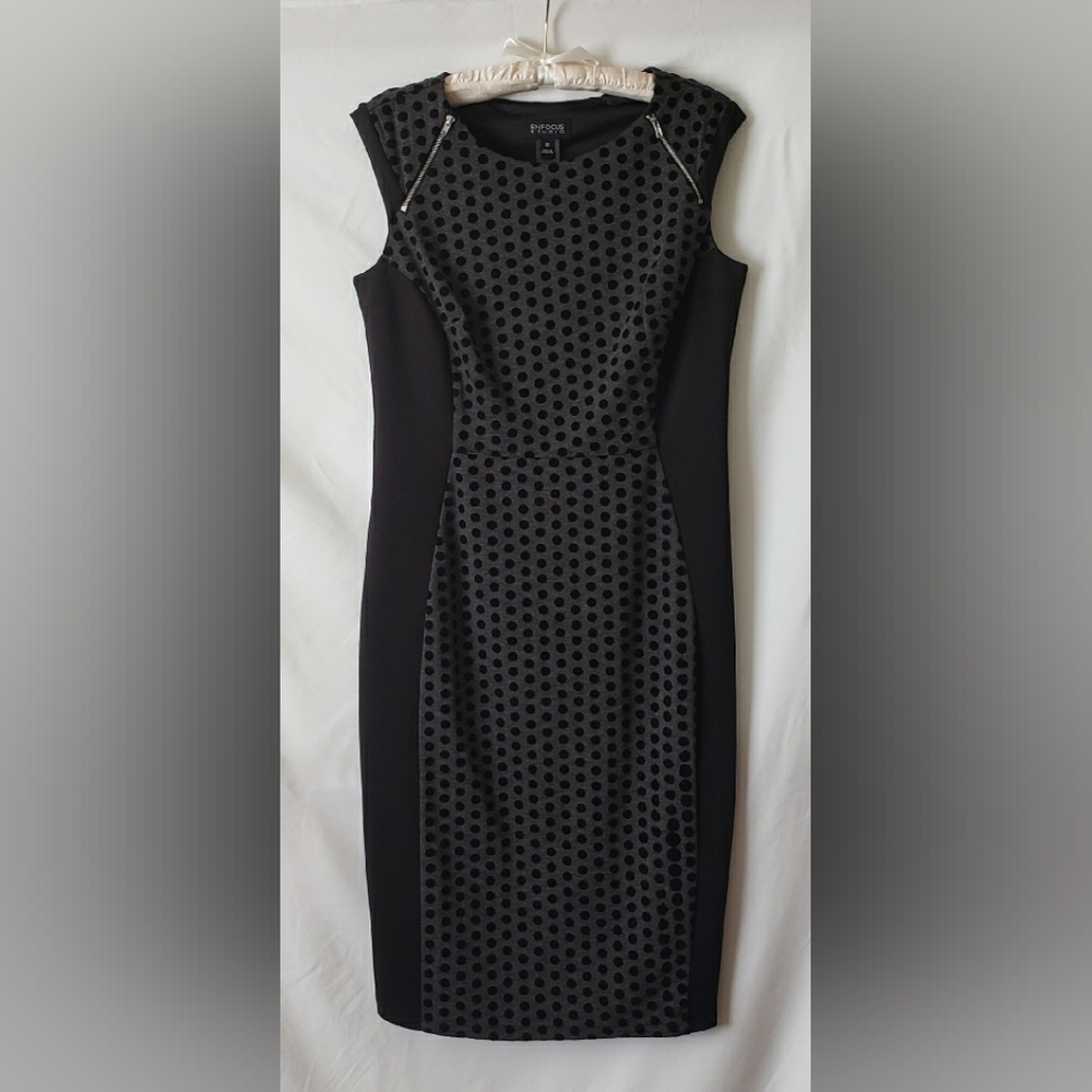 Enfocus Studio Black and Gray with Black Polka Dot Knee-Length Sheath Dress